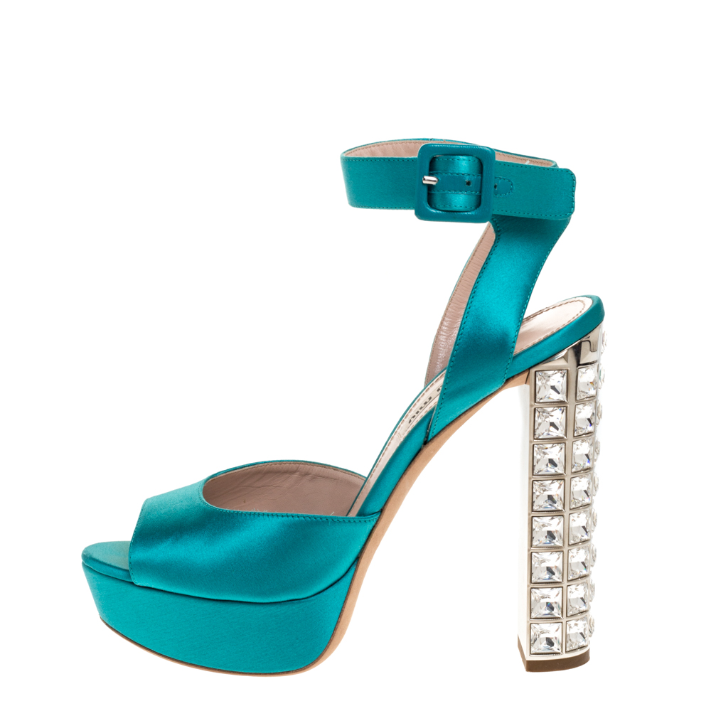 

Miu Miu Green Satin Crystal Embellished Heel Platform Ankle Cuff Sandals Sandals Size