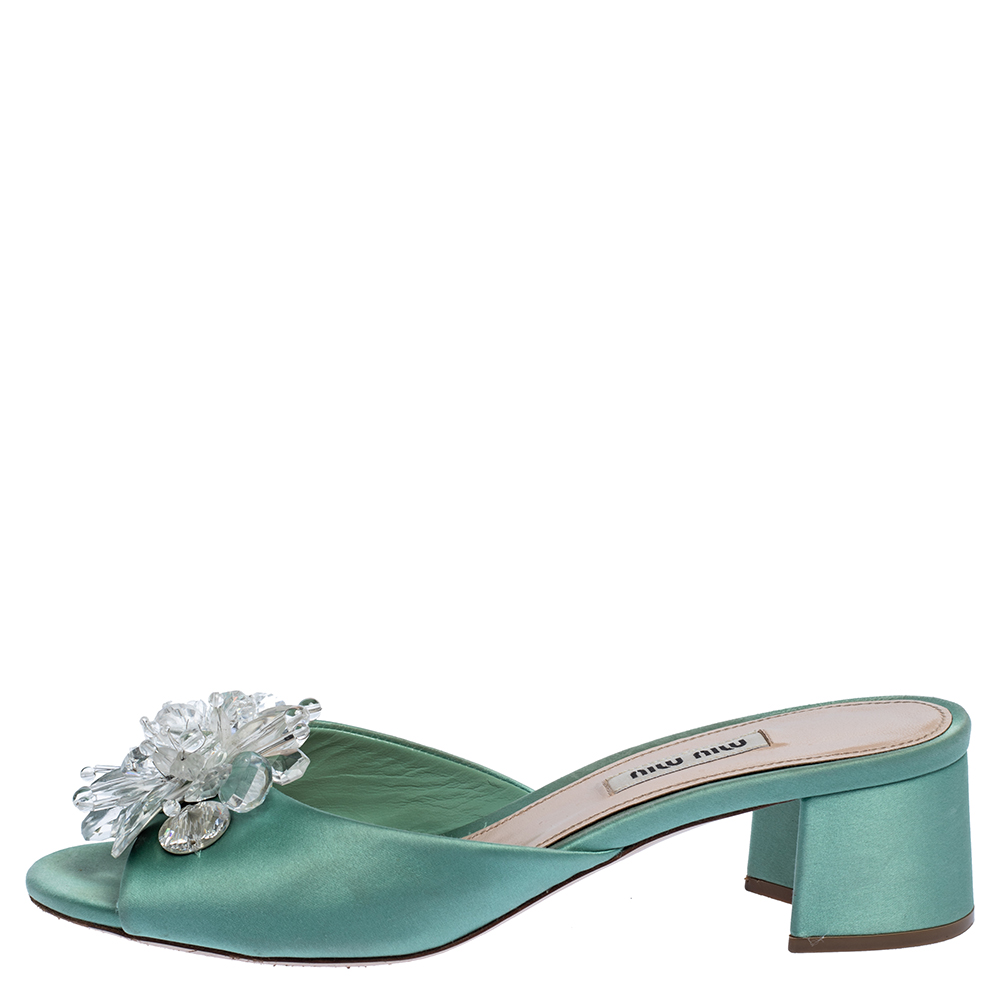 

Miu Miu Pista Green Satin Crystal Embellished Slide Mules Size