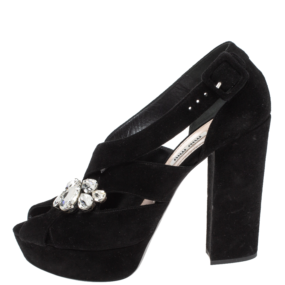 

Miu Miu Black Suede Crystal Embellished Platform Sandals Size