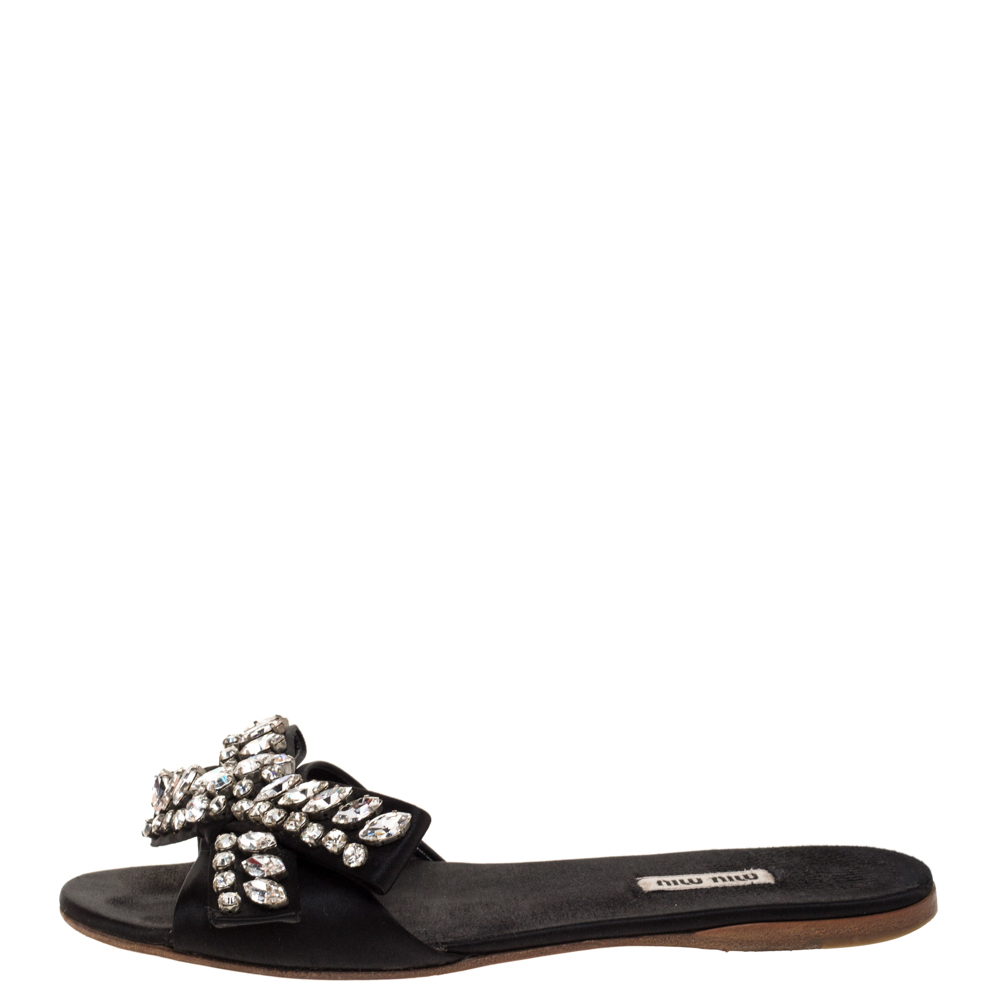

Miu Miu Black Satin Crystal Embellished Bow Slide Sandals Size