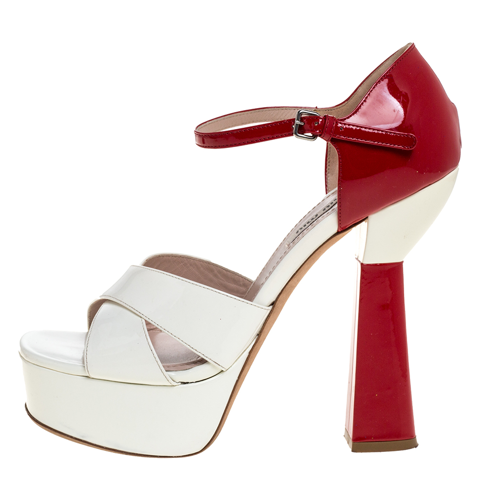 

Miu Miu White/Red Patent Leather Platform Cross Strap Sandals Size