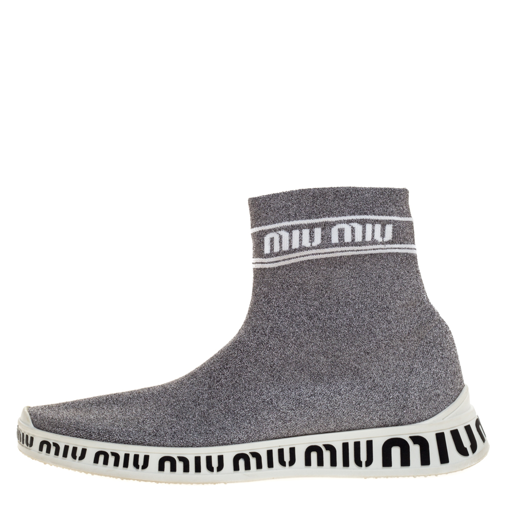 

Miu Miu Shimmery Silver Knit Logo Sock Sneakers Size