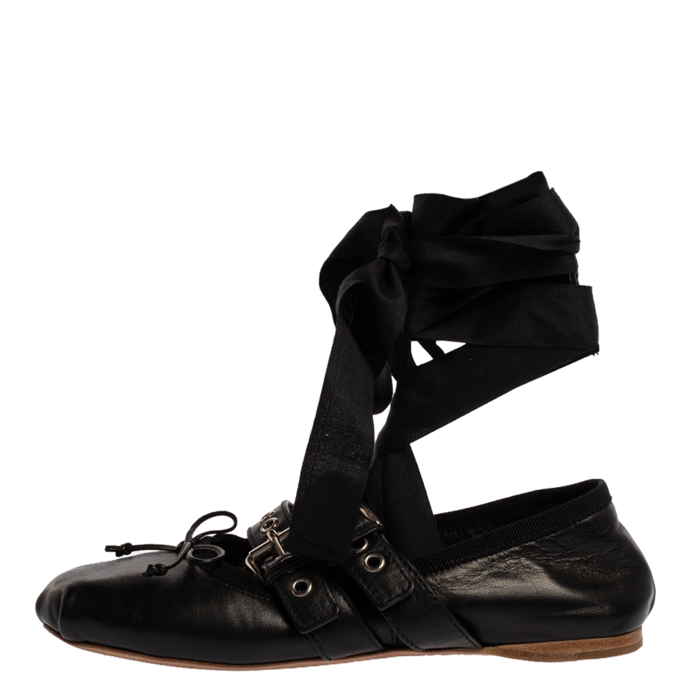 

Miu Miu Black Leather Buckle Detail Ankle Wrap Ballet Flats Size