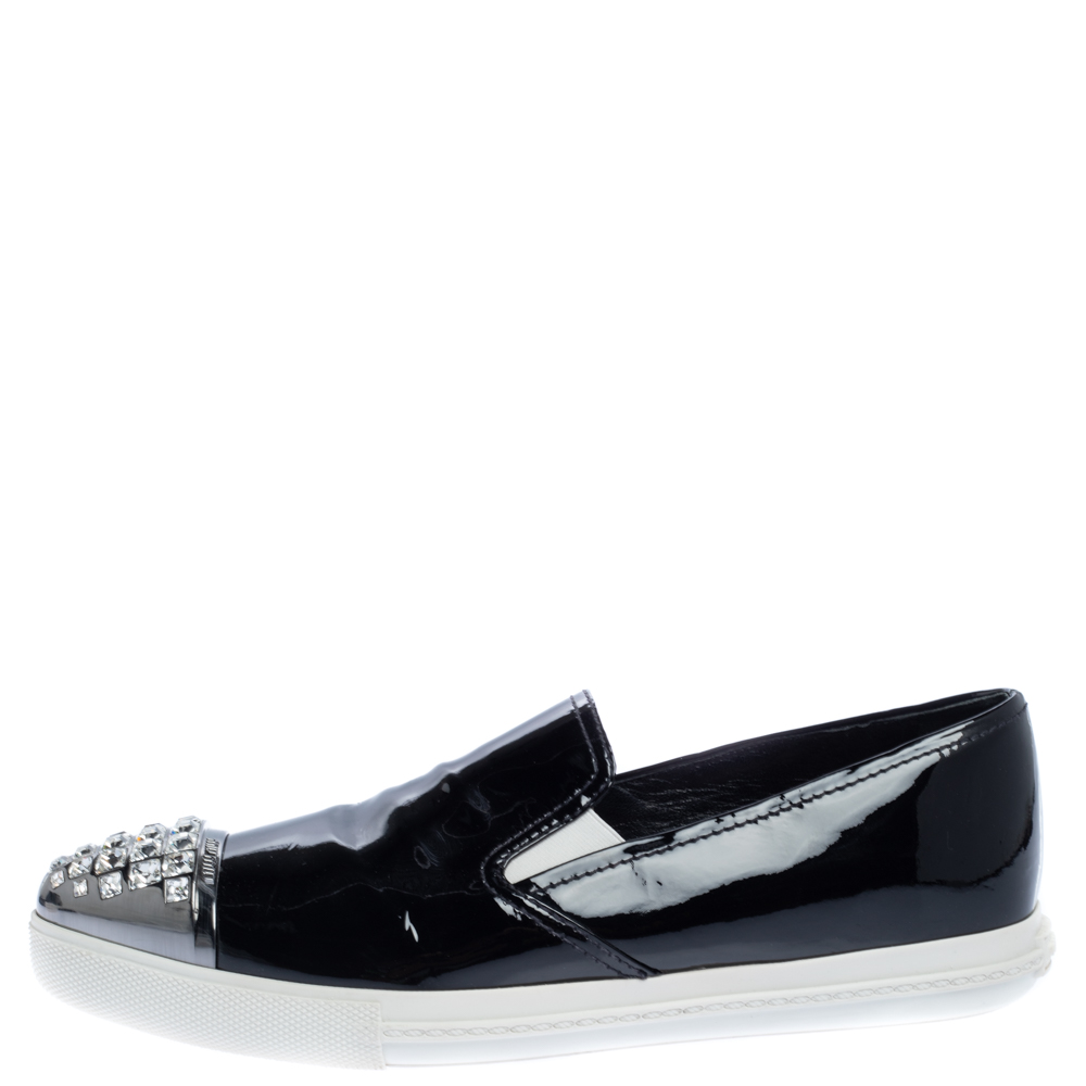 

Miu Miu Black Patent Leather Crystal Embellished Cap Toe Slip On Sneakers Size