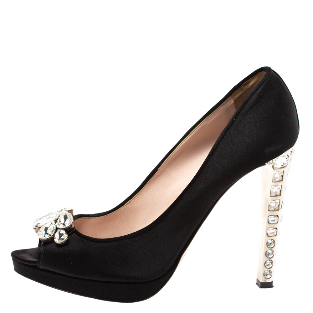 

Miu Miu Black Satin Crystal Embellished Heel Peep Toe Platform Pumps Size
