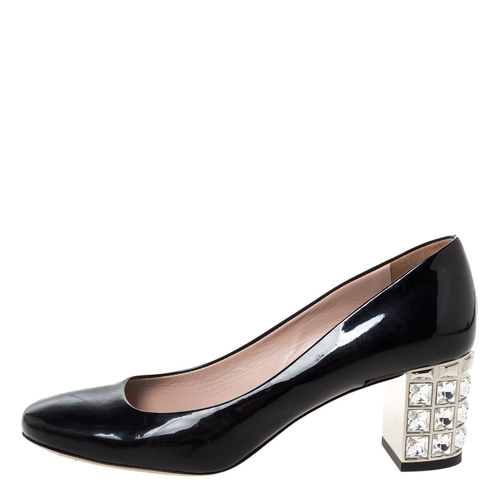 

Miu Miu Black Patent Leather Crystal Embellished Block Heel Pumps Size