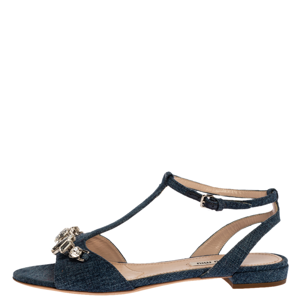 

Miu Miu Blue Denim Crystal Embellished Ankle Strap Flats Size