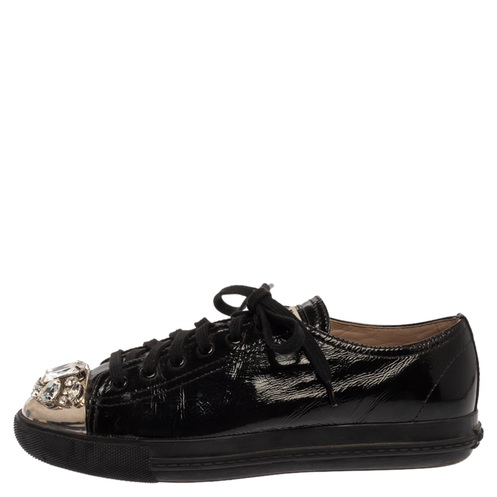 

Miu Miu Black Patent Leather Crystal Studded Sneakers Size