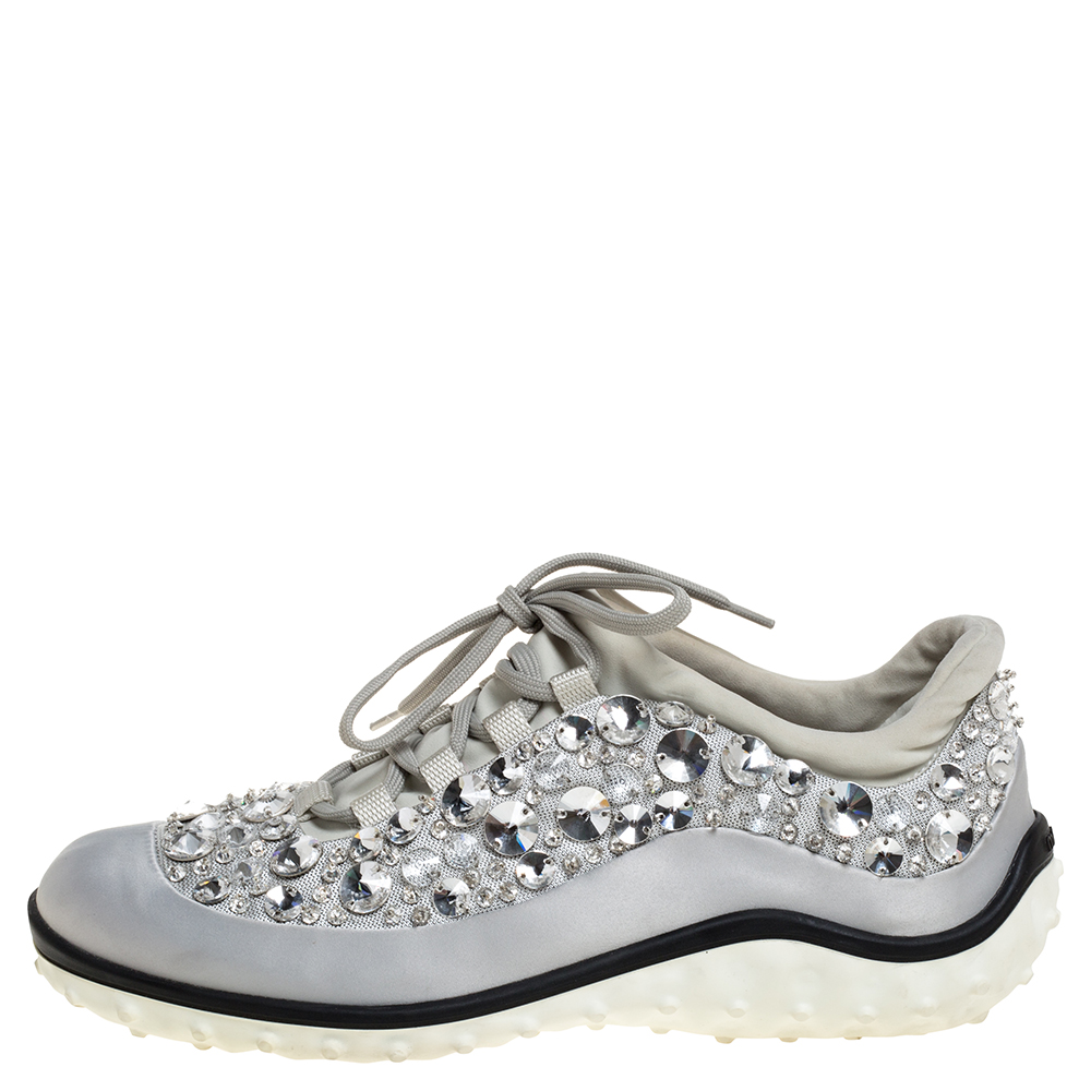 

Miu Miu Grey Embellished Satin and Mesh Astro Sneakers Size, Silver