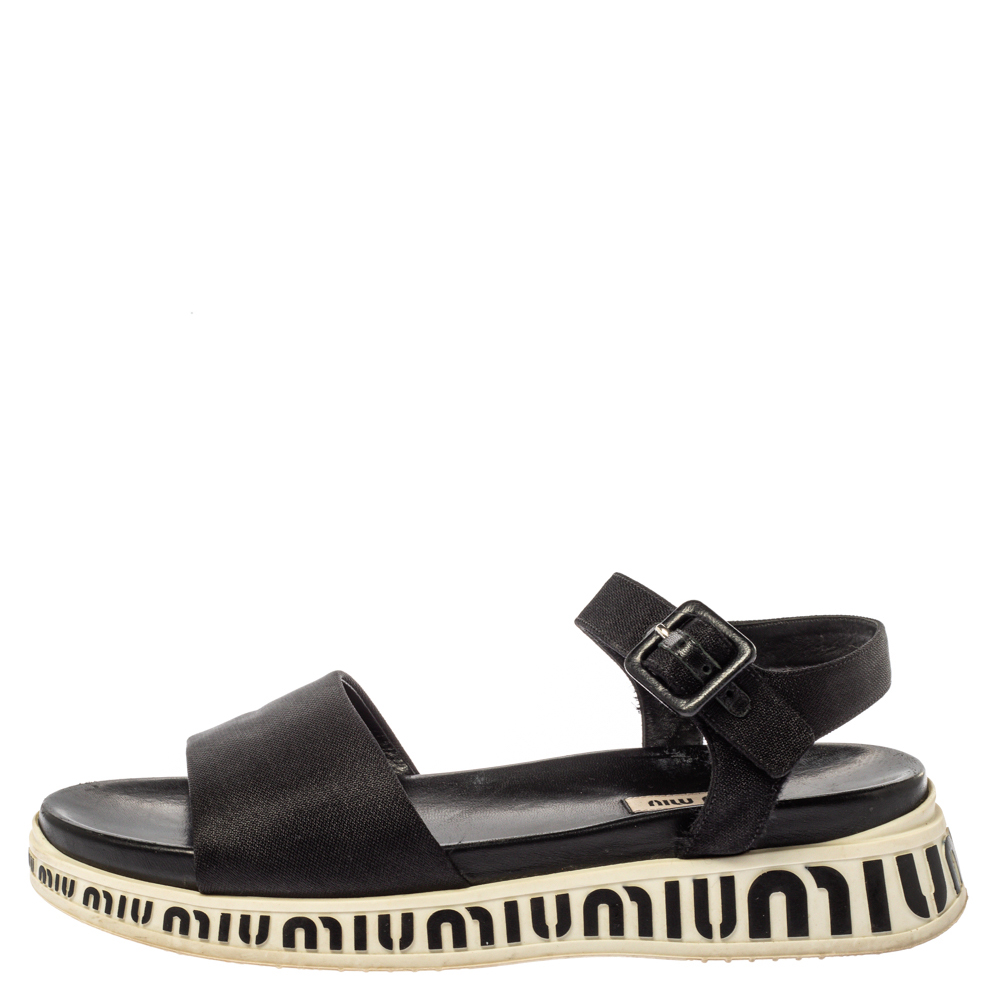 

Miu Miu Black Canvas Platform Ankle Strap Sandals Size