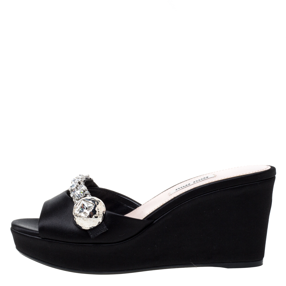 

Miu Miu Black Satin Crystal Embellished Wedge Platform Open Toe Sandals Size