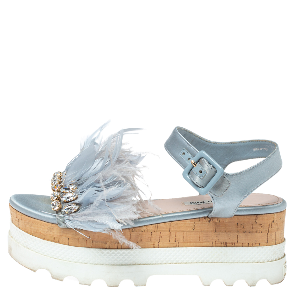 

Miu Miu Blue Satin Feather/Crystal Embellished Platform Sandals Size