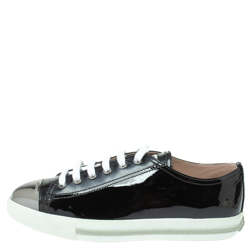 

Miu Miu Black Patent Leather Metal Cap Toe Lace Up Sneakers Size