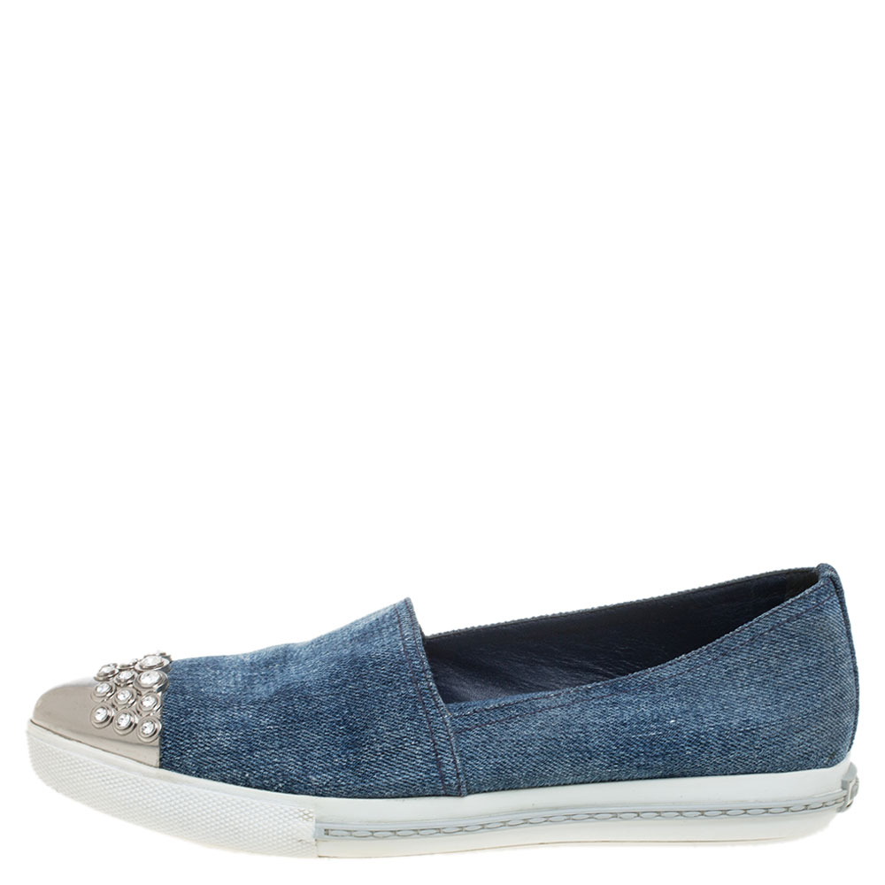 

Miu Miu Blue Denim Crystal Embellished Cap Toe Slip On Sneakers Size