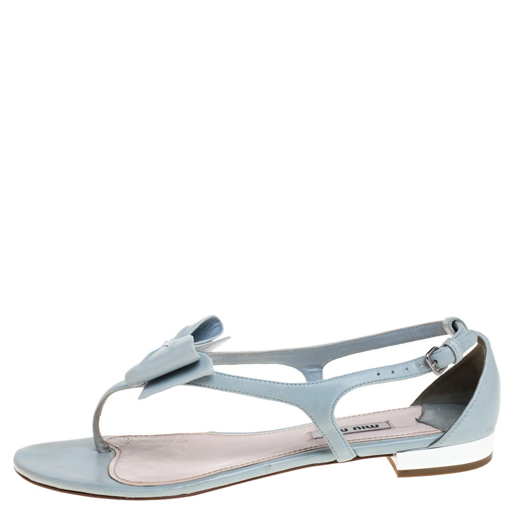 

Miu Miu Light Blue Leather Bow Thong Flat Sandals Size