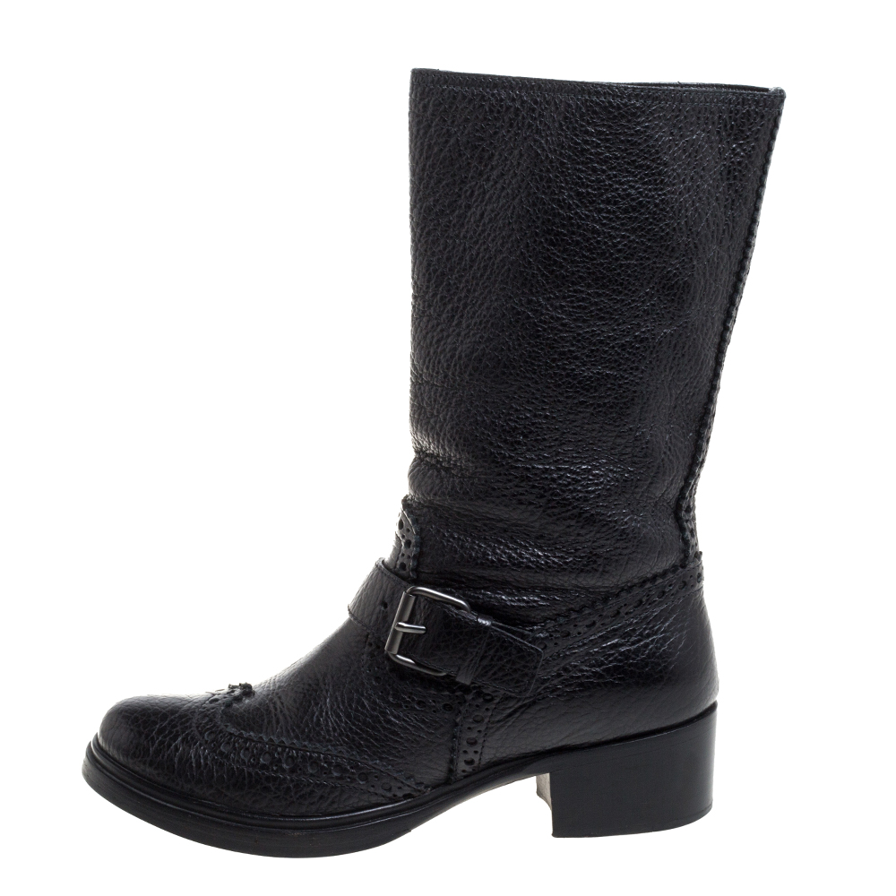

Miu Miu Black Brogue Leather Buckle Detail Mid Calf Boots Size