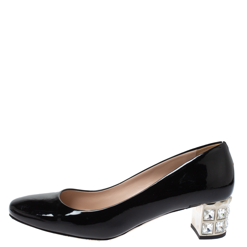 

Miu Miu Black Patent Leather Crystal Embellished Block Heel Pumps Size