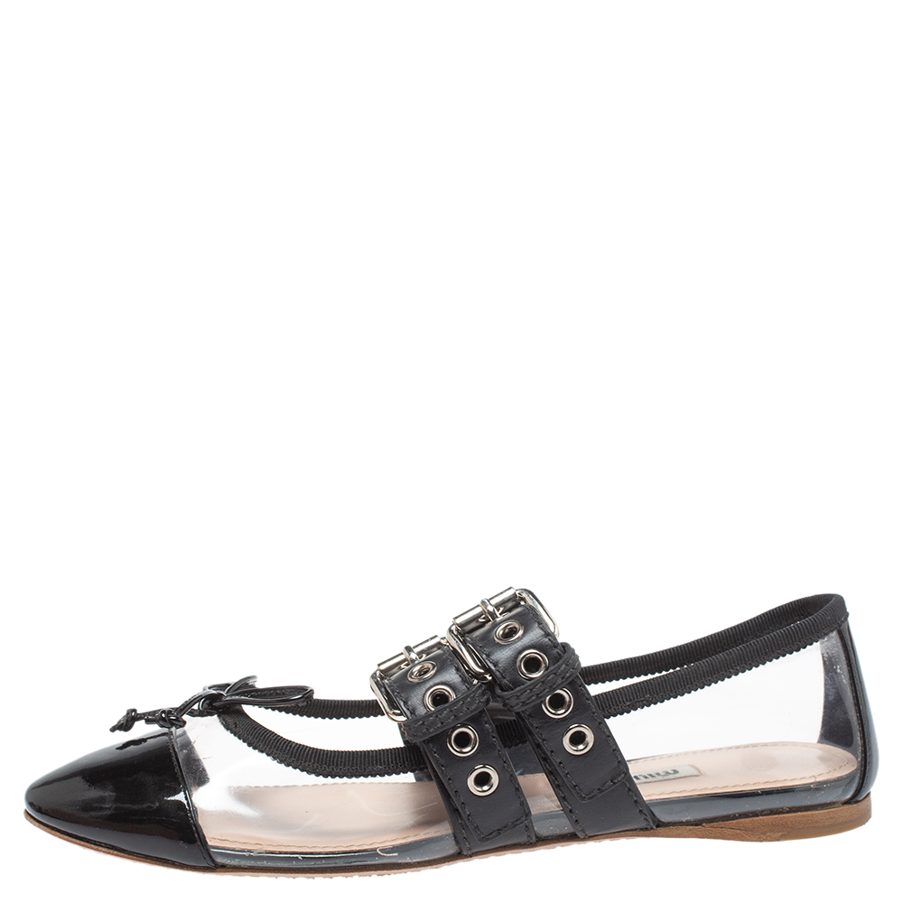 

Miu Miu Black Patent Leather And PVC Buckled Strap Bow Ballet Flats Size