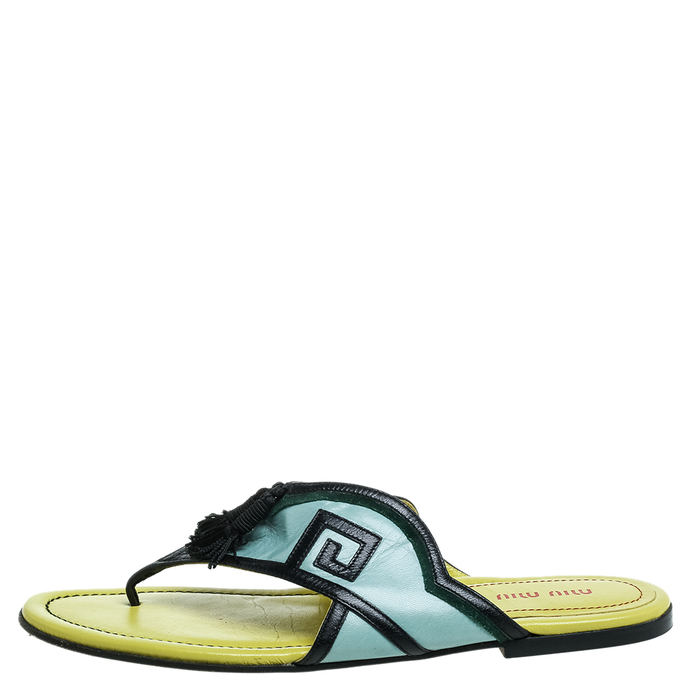 

Miu Miu Green/Yellow Leather Tassel Slide Flats Size
