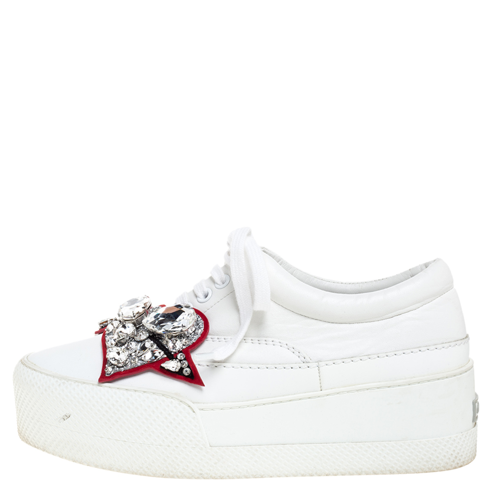 

Miu Miu White Leather Heart Embellished Platform Sneakers Size