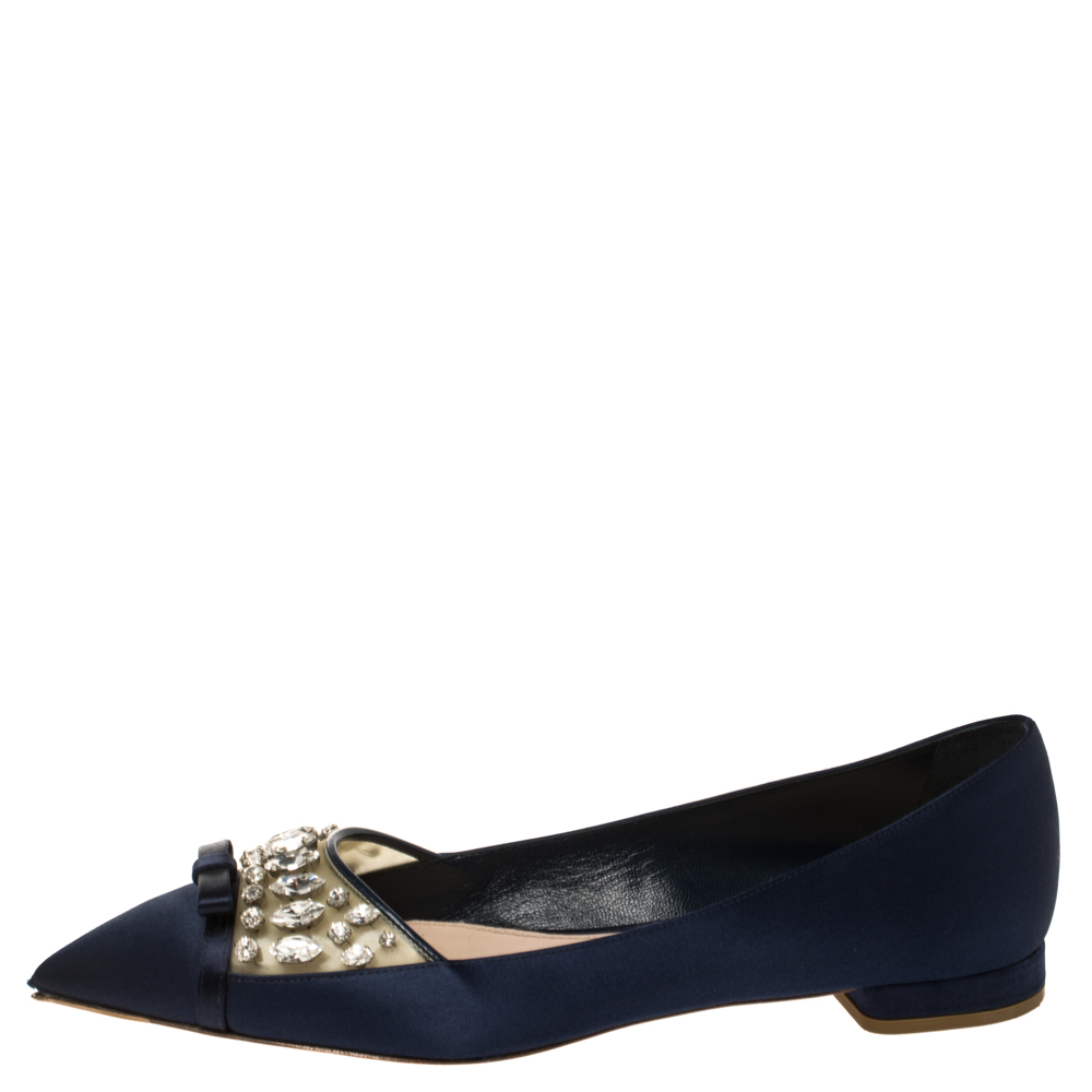 

Miu Miu Navy Blue Satin Jeweled Pointed Toe Ballet Flats Size