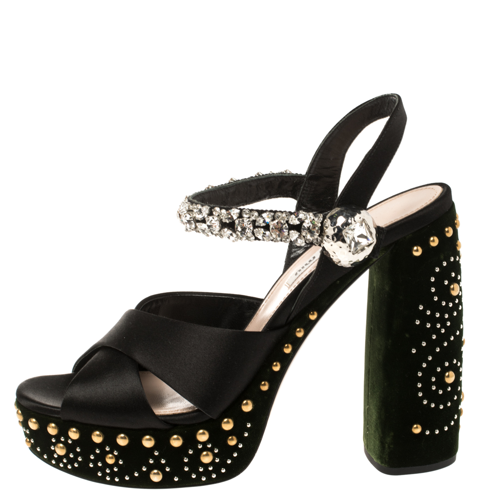 

Miu Miu Black/Green Satin and Studded Velvet Crystal Embellished Platform Ankle Strap Sandals Size