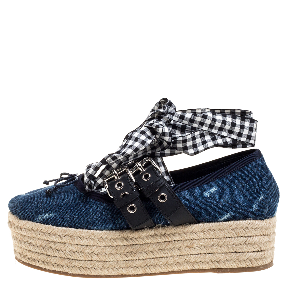 

Miu Miu Blue Denim Lace Up Platform Wedge Flat Esapdrilles Szie