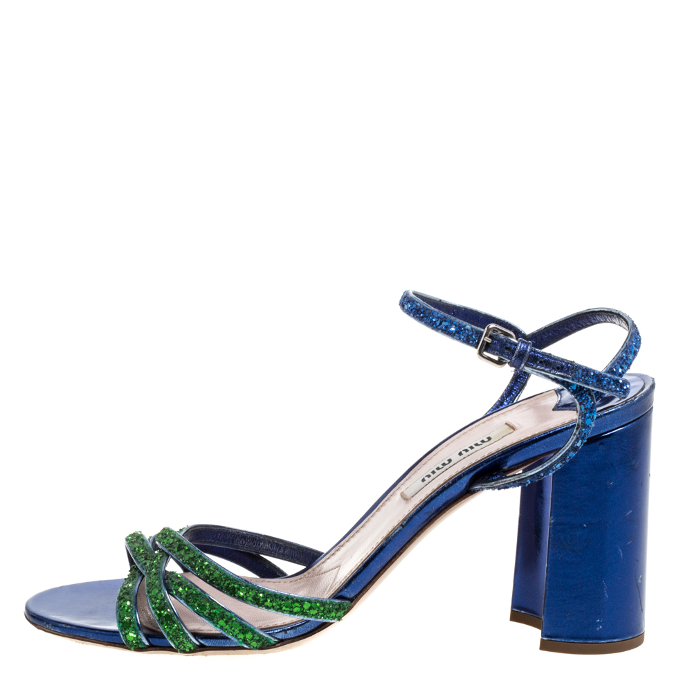 

Miu Miu Green/Blue Glitter Strappy Block Heels Sandals Size