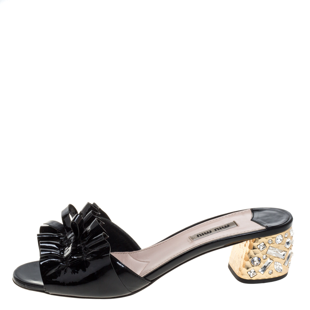 

Miu Miu Black Patent Leather Ruffled Bow Embellished Slide Sandals Size