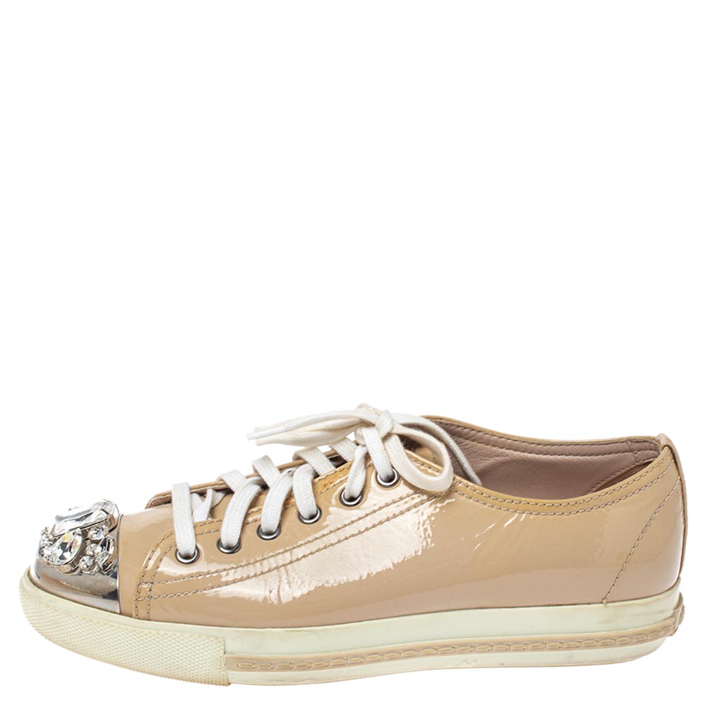 

Miu Miu Beige Patent Leather Crystal Embellished Cap Toe Lace Up Sneakers Size