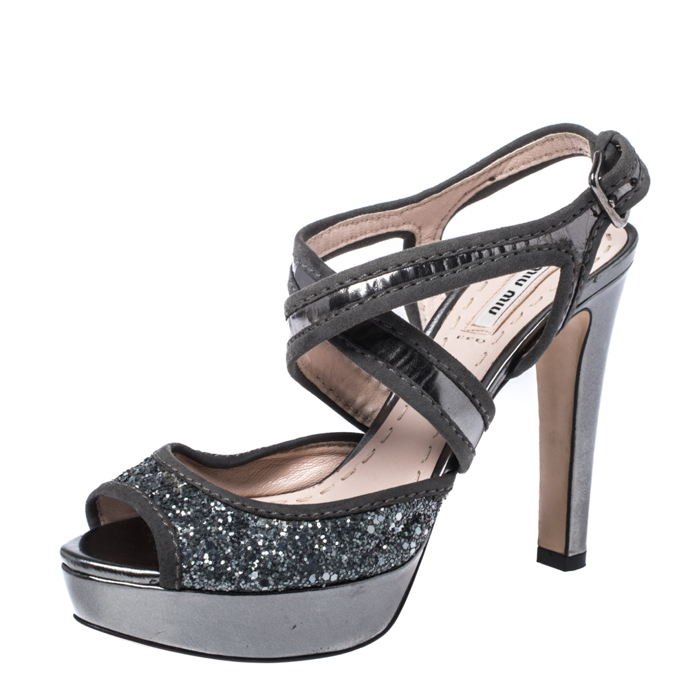 

Miu Miu Metallic Grey Glitter And Suede Leather Trim Cross Strap Peep Toe Platform Sandals Size