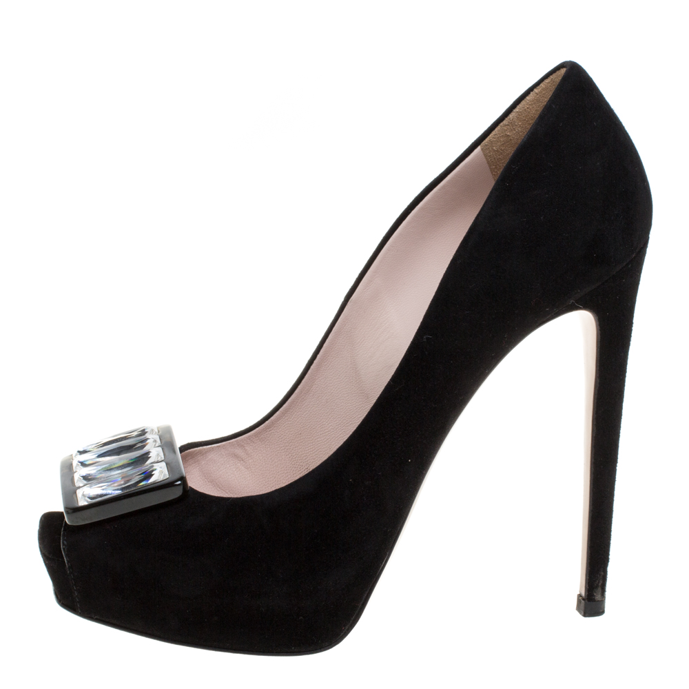 

Miu Miu Black Suede Crystal Embellished Peep Toe Platform Pumps Size