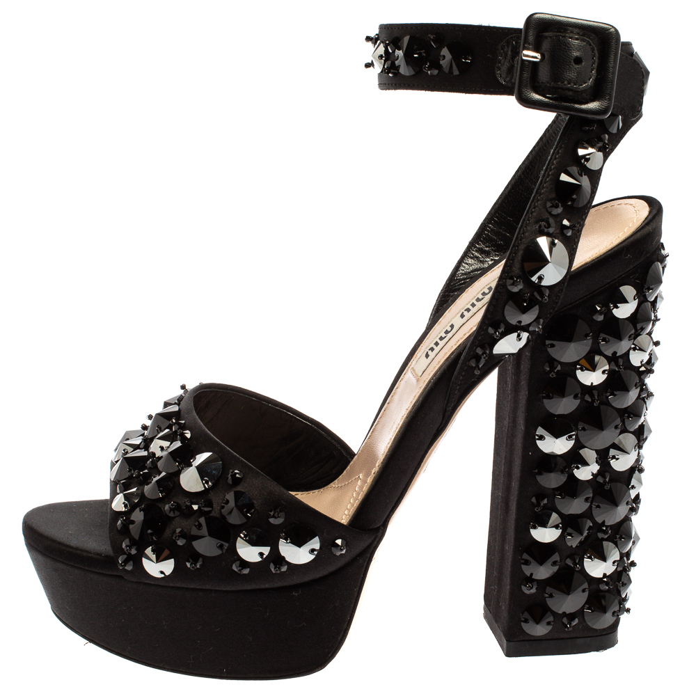 

Miu Miu Black Satin Embellished Platform Ankle Strap Sandals Size