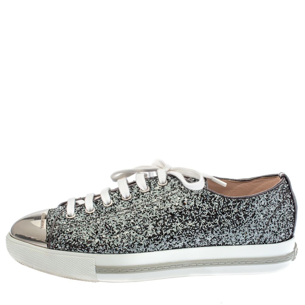 

Miu Miu Metallic Grey Coarse Glitter Metal Cap Toe Low Top Sneakers Size