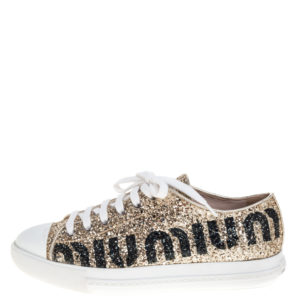 

Miu Miu Metallic Gold Glitter Low Top Sneakers Size