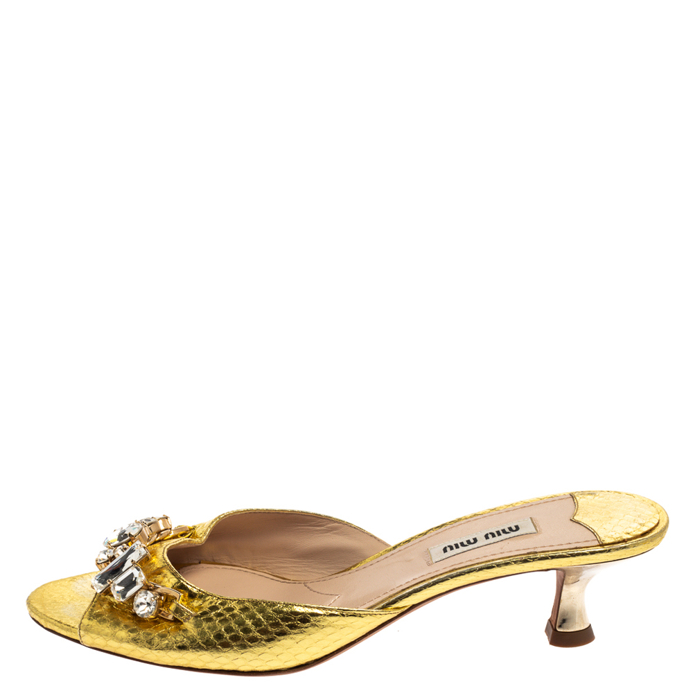 

Miu Miu Gold Python Embossed Leather Crystal Embellished Open Toe Sandals Size