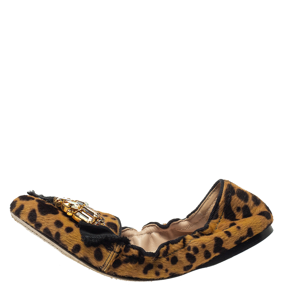 

Miu Miu Brown Cheetah Print Calf Hair Bow Crystal Ballet Flats Size