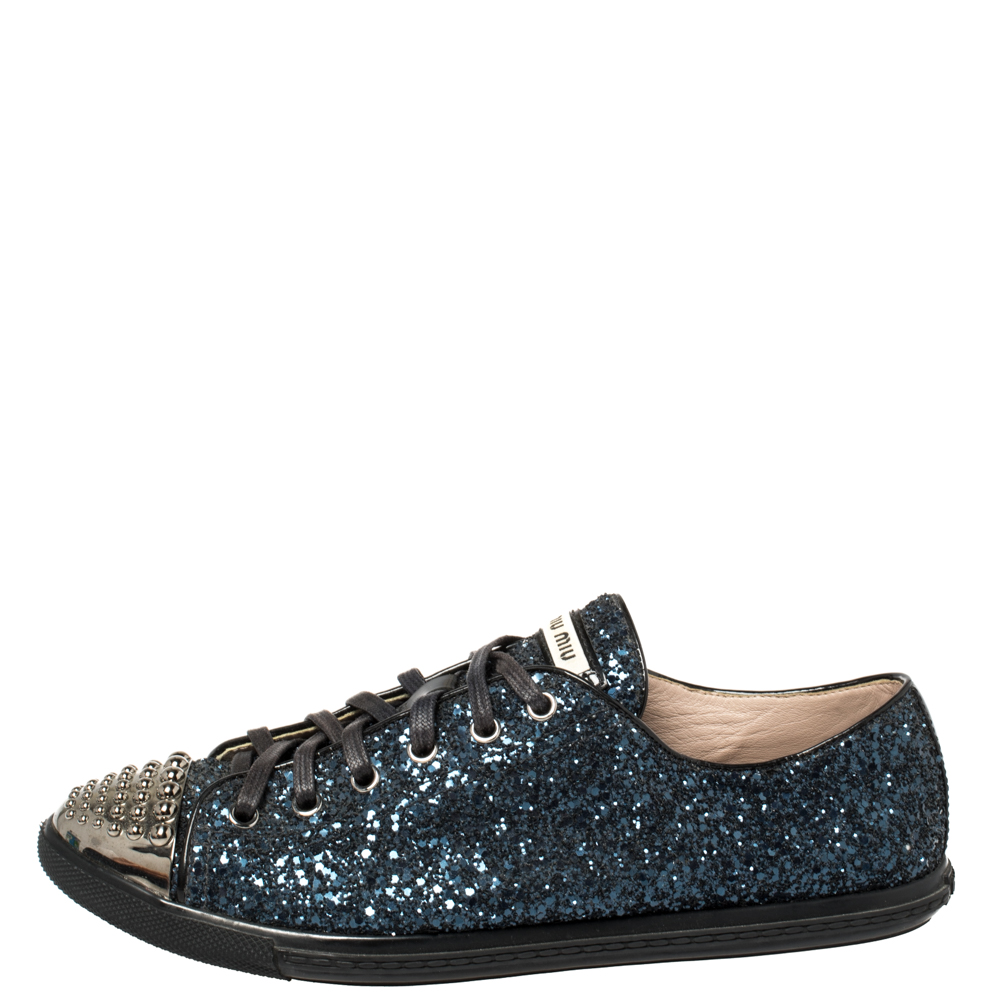 

Miu Miu Blue Glitter Studded Lace Up Sneakers Size