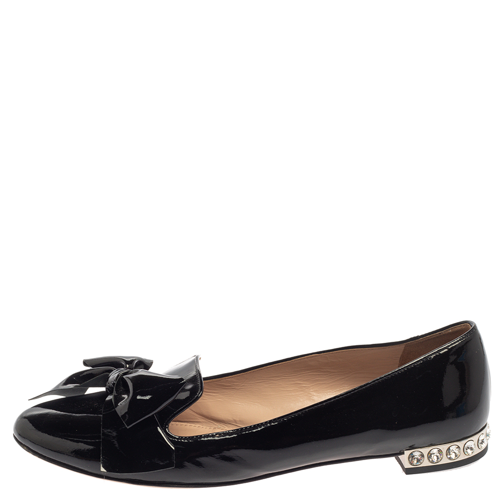 

Miu Miu Black Patent Leather Crystal Embellished Heel Bow Slip On Loafers Size