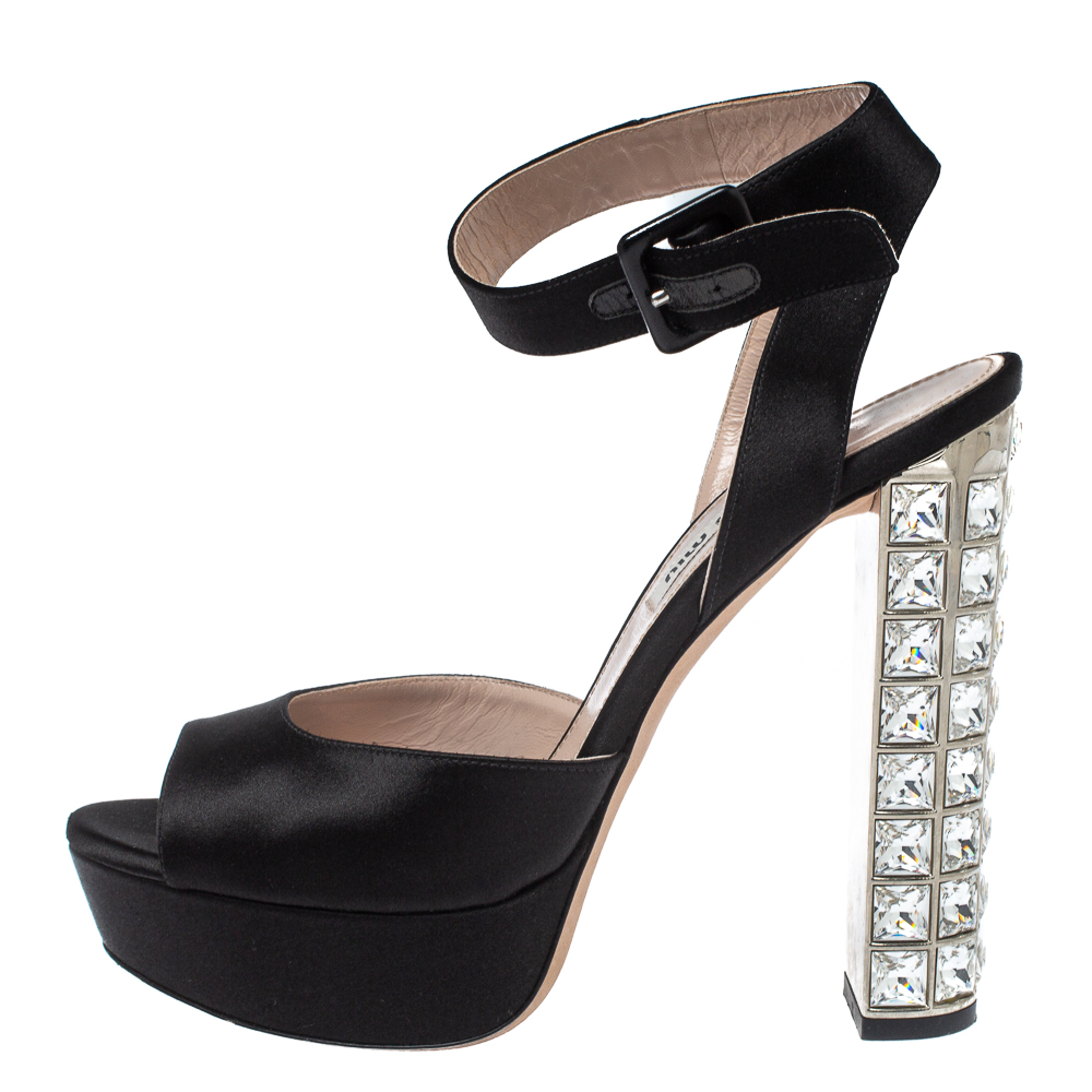 

Miu Miu Black Satin Embellished Block Heel Peep Toe Platform Ankle Strap Sandals Size