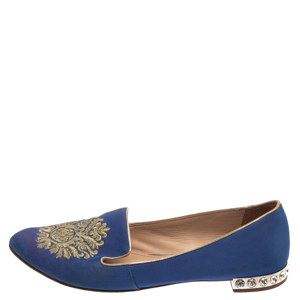 

Miu Miu Blue Canvas Embroidered Crystal Studded Smoking Slippers Size