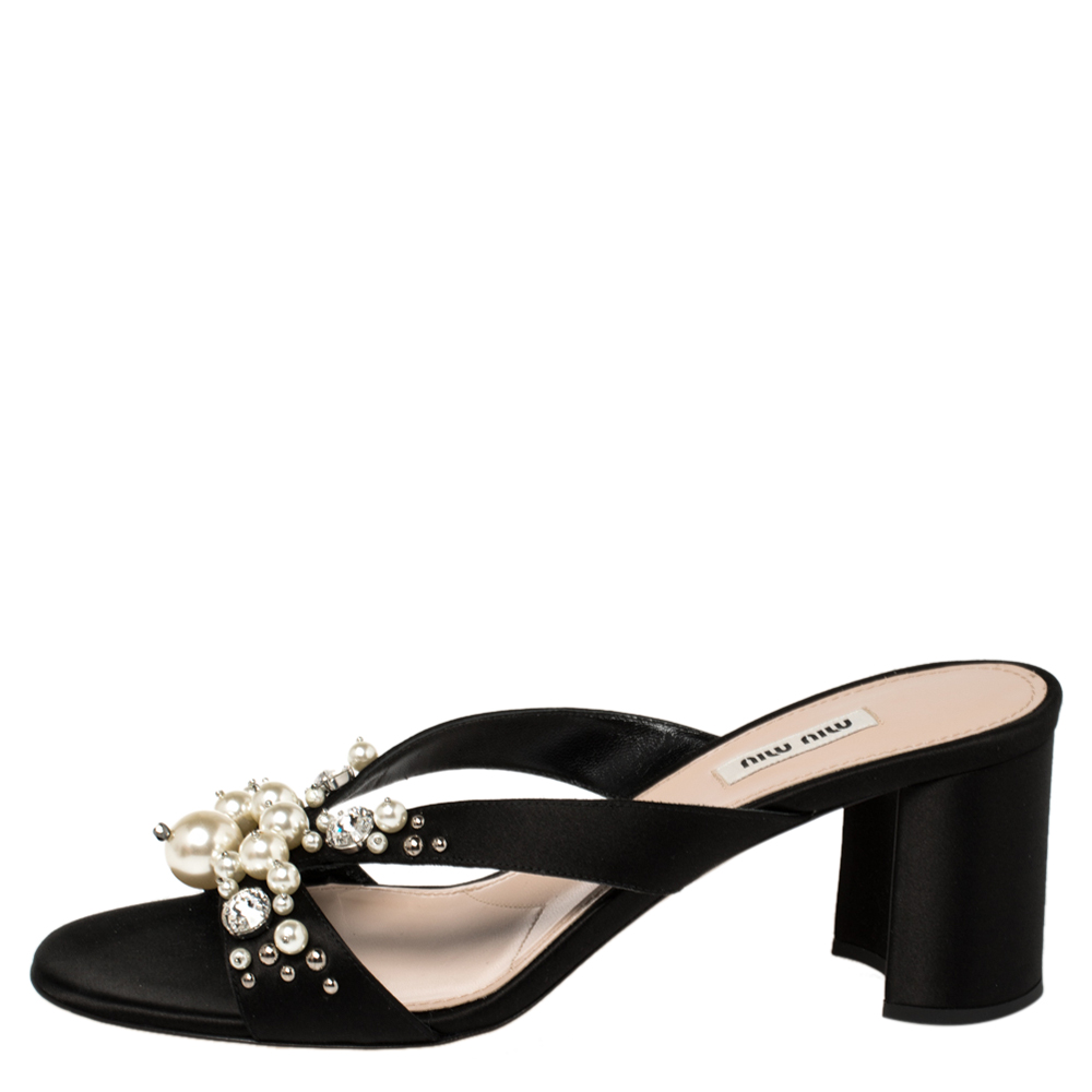 

Miu Miu Black Crystal And Pearl Embellished Satin Slide Sandals Size
