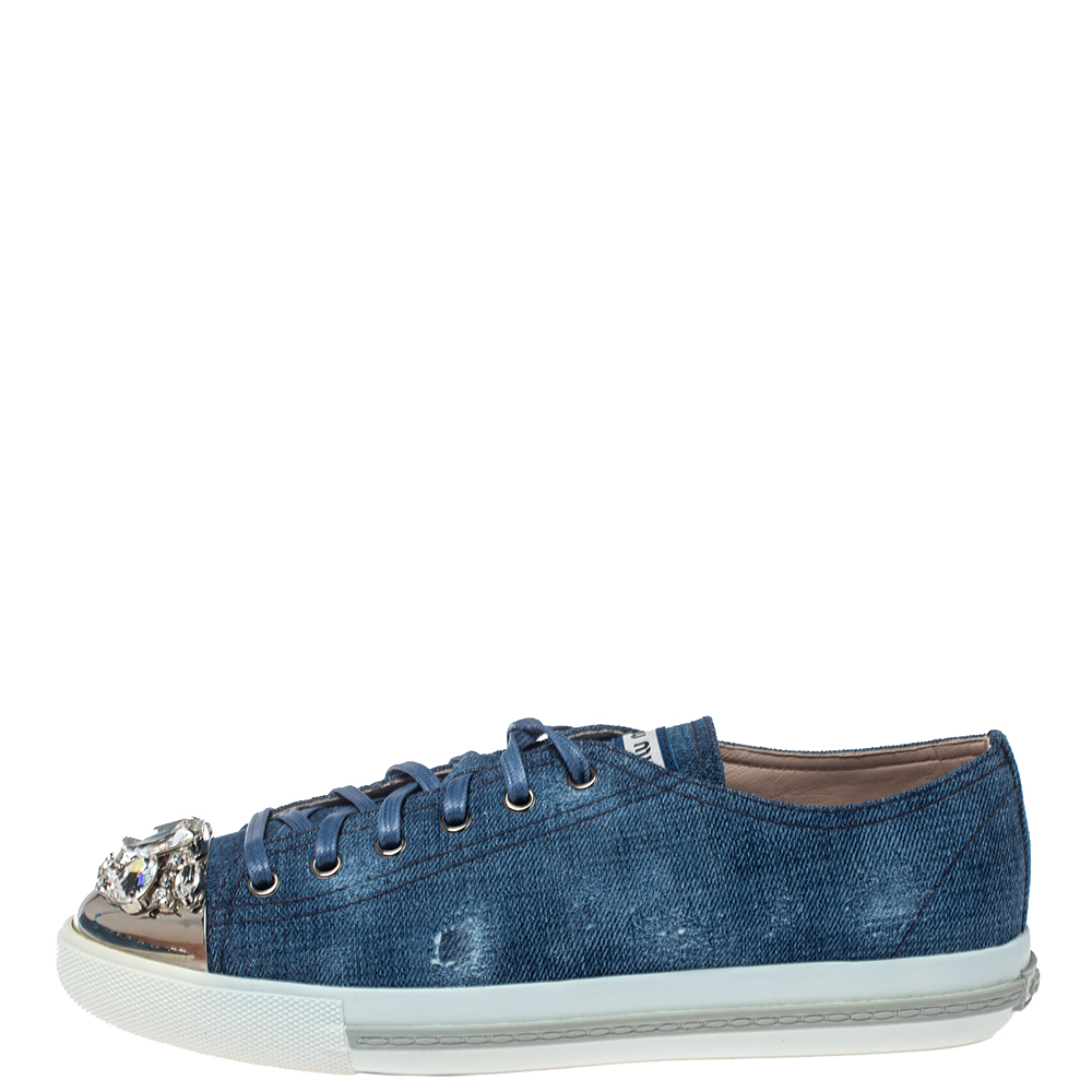 

Miu Miu Blue Denim Fabric Embellished Cap Toe Sneakers Size