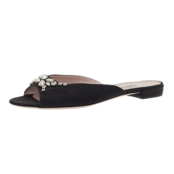 مملوكة مسبقًا Miu Miu Black Jeweled Satin Flat Slides Size 39.5