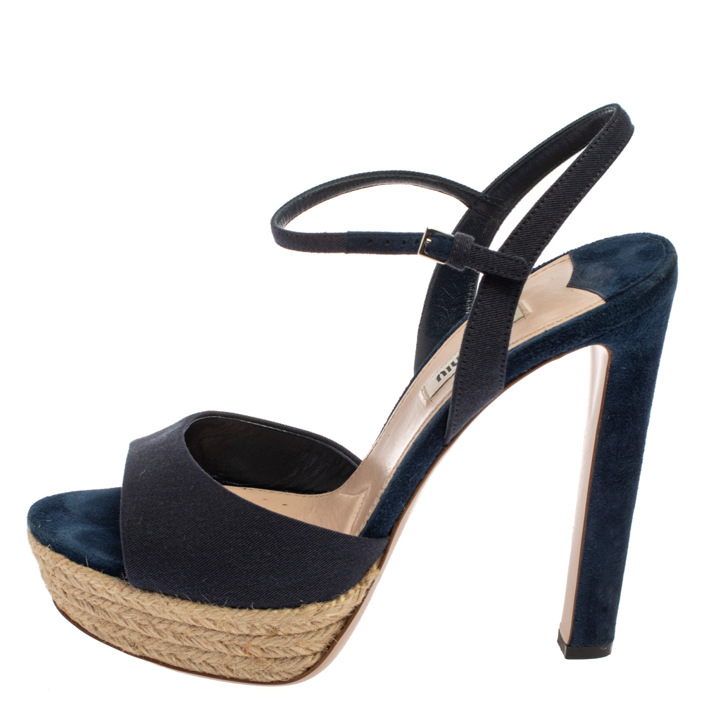 

Miu Miu Blue Fabric Platform Espadrille Sandals Size