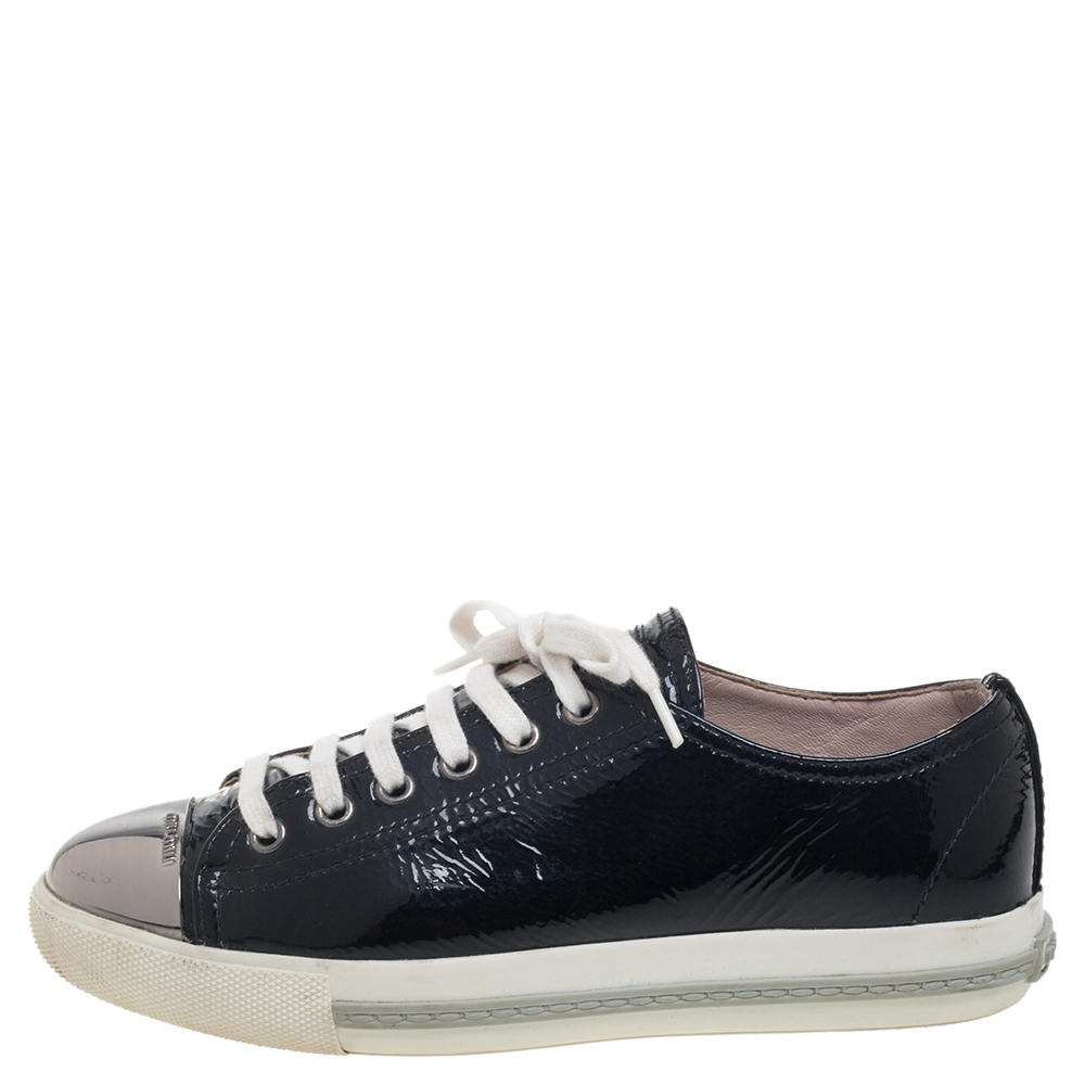 

Miu Miu Black Patent Leather Metal Cap Toe Lace Up Sneakers Size