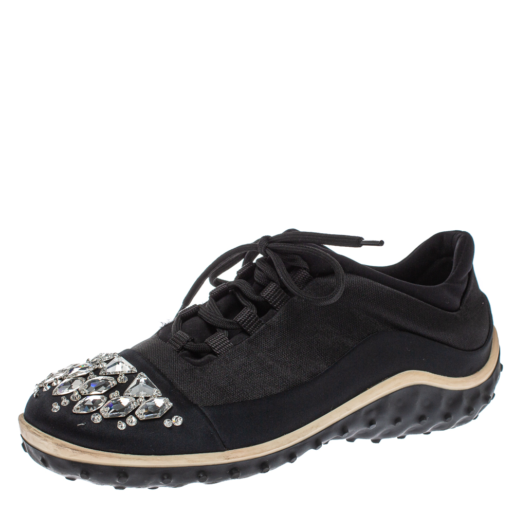 Pre-owned Miu Miu Black Fabric Crystal Embellished Low Top Sneakers Size 38