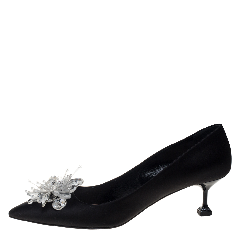

Miu Miu Black Satin Floral Crystal Embellished Pointed Toe Pumps Size
