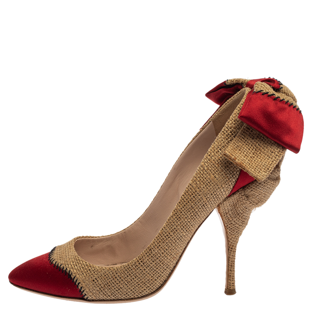 

Miu Miu Beige/Red Jute And Satin Bow Pumps Size