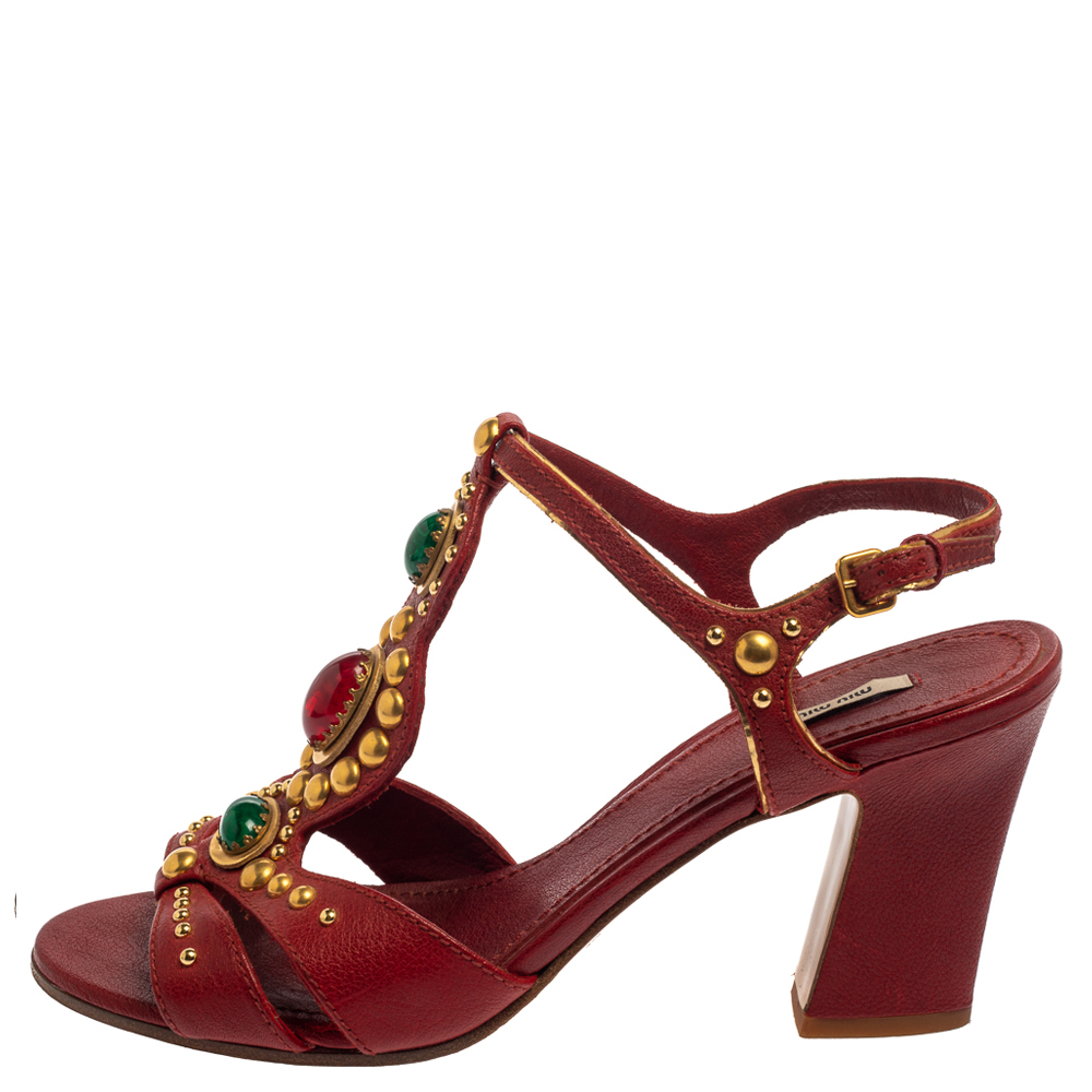 

Miu Miu Red Leather Embellished T Strap Sandals Size